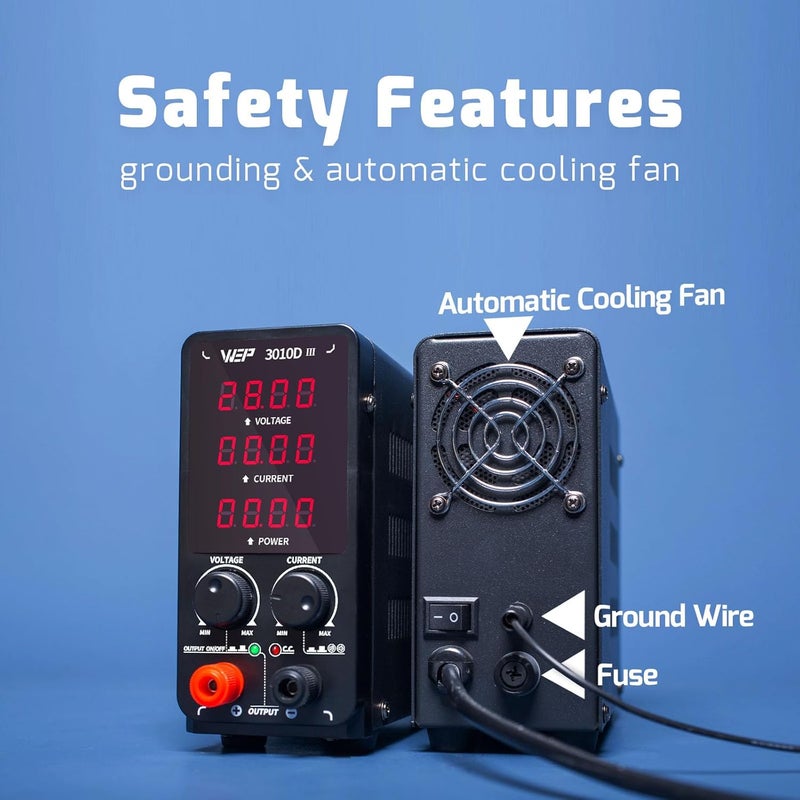 WeP 3010D-III DC Variable Power Supply 30.00V 10.00A High Precision Bench Lab Power Supply with Alligator Clips for anodizing kit, Electroplating, arduino, breadboard - Image 3